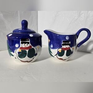 Festive Snowman Sugar and Creamer Set - Blue and White